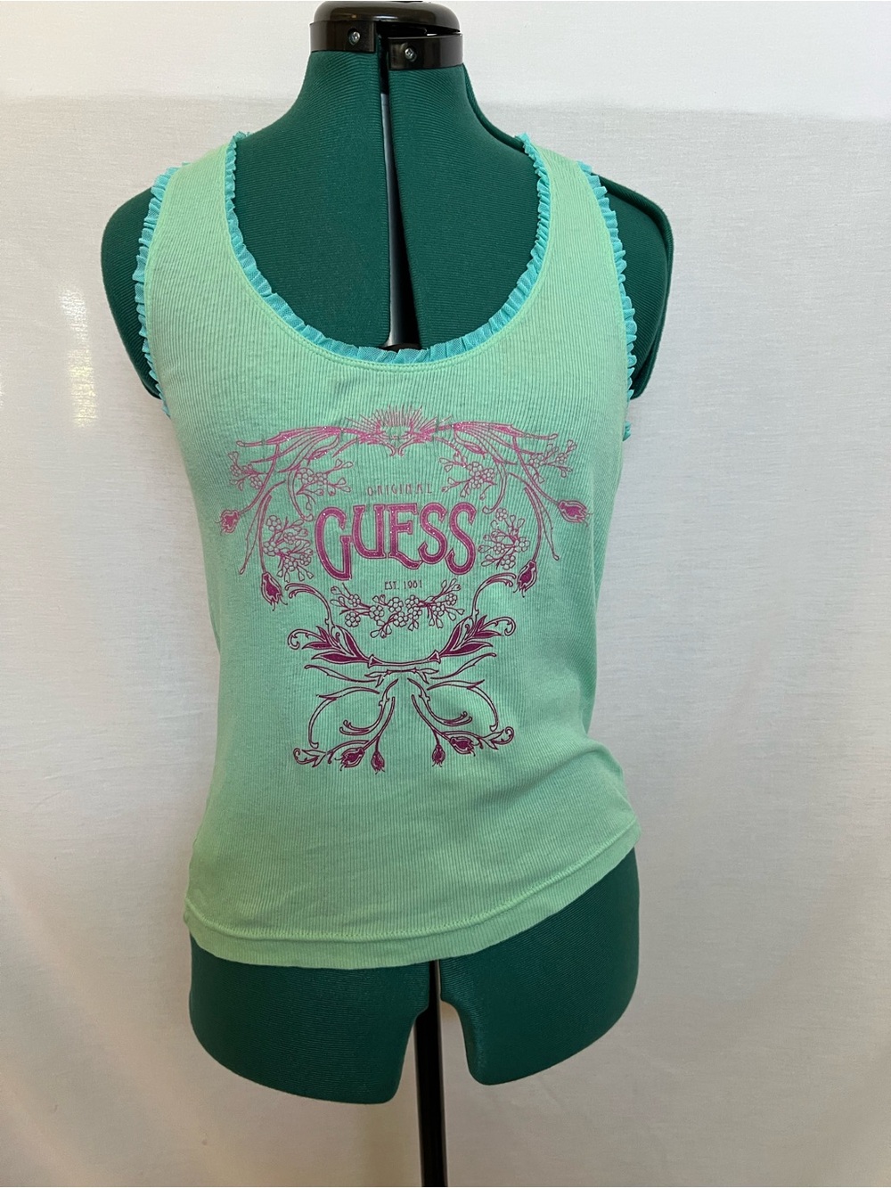 GUESS Mint Green Ribbed Tank with Pink Logo Graphic and Ruffled Trim